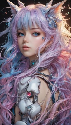 1girl,solo,long hair,looking at viewer,bangs,blue eyes,hair ornament,animal ears,jewelry,blue hair,upper body,pink hair,multicolored hair,earrings,parted lips,choker,looking back,artist name,cat ears,from side,two-tone hair,lips,eyelashes,gradient hair,makeup,wavy hair,piercing,black background,gem,ear piercing,science fiction,pink lips,realistic,nose,cyborg,very long hair,purple hair,flower,teeth,hair flower,necklace,armor,looking to the side