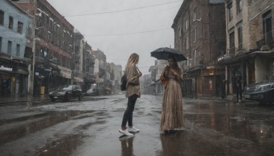 long hair,short hair,multiple girls,blonde hair,brown hair,long sleeves,dress,holding,2girls,standing,jacket,outdoors,shoes,pants,bag,coat,umbrella,black pants,white footwear,backpack,ground vehicle,building,sneakers,scenery,motor vehicle,reflection,rain,brown jacket,holding umbrella,city,car,road,wide shot,power lines,lamppost,street,puddle,grey sky,skirt,black hair,sky,window,walking,long skirt,handbag,shoulder bag,sign,utility pole,vanishing point,sidewalk