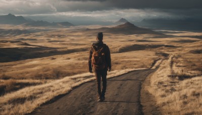 solo,short hair,long sleeves,1boy,hat,standing,jacket,male focus,outdoors,sky,pants,cloud,hood,bag,from behind,hoodie,black pants,backpack,cloudy sky,grass,scenery,walking,mountain,road,field,wide shot,black hair,monochrome,shoes,sand,sepia,landscape,desert