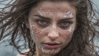 1girl,solo,long hair,looking at viewer,brown hair,closed mouth,blurry,lips,wet,grey eyes,eyelashes,floating hair,messy hair,portrait,close-up,realistic,nose,brown eyes,wind,forehead,freckles,dirty