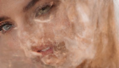 1girl,solo,looking at viewer,brown hair,green eyes,parted lips,teeth,blurry,lips,grey eyes,eyelashes,portrait,close-up,reflection,realistic,eye focus,open mouth,black hair,freckles,nose