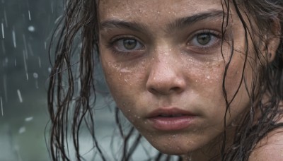 1girl,solo,long hair,looking at viewer,brown hair,black hair,brown eyes,outdoors,parted lips,blurry,lips,wet,eyelashes,blurry background,portrait,close-up,freckles,rain,realistic,nose,wet hair,messy hair