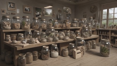 food,day,indoors,cup,no humans,window,table,bottle,plant,box,scenery,wooden floor,basket,photo (object),bread,shelf,picture frame,jar,painting (object),still life,picture (object),barrel,wooden table,tree,sunlight,clock,potted plant