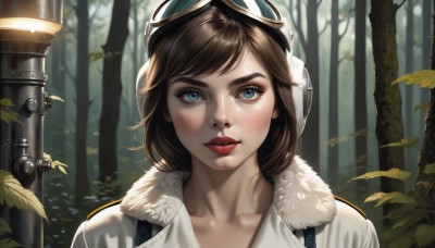 1girl,solo,looking at viewer,blush,short hair,bangs,blue eyes,brown hair,hat,collarbone,jacket,weapon,outdoors,parted lips,day,artist name,tree,lips,gun,fur trim,eyelashes,makeup,swept bangs,leaf,plant,goggles,portrait,nature,forest,freckles,goggles on head,realistic,nose,red lips,upper body,teeth,blurry,blurry background,sunlight,white jacket,thick eyebrows,lipstick,eyeshadow,light rays,mascara