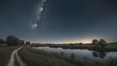 outdoors,sky,cloud,water,tree,no humans,night,grass,star (sky),nature,night sky,scenery,forest,starry sky,reflection,road,river,landscape,lake,shooting star