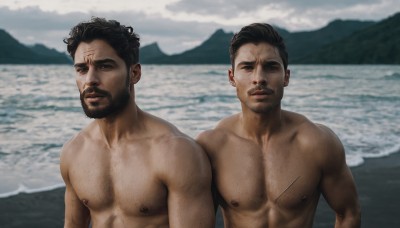 looking at viewer,short hair,black hair,brown eyes,closed mouth,nipples,upper body,male focus,outdoors,multiple boys,sky,day,dark skin,2boys,water,blurry,muscular,blurry background,facial hair,ocean,scar,beach,dark-skinned male,pectorals,muscular male,beard,topless male,realistic,mustache,manly,chest hair,real life insert,smile,nude,cloud,bara,large pectorals,scar on chest