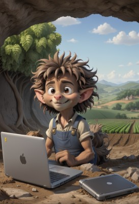 solo,smile,brown hair,shirt,1boy,animal ears,brown eyes,tail,male focus,outdoors,sky,day,pointy ears,collared shirt,cloud,tree,blue sky,thick eyebrows,messy hair,child,furry,overalls,furry male,computer,male child,laptop,brown fur,looking at viewer,short hair,upper body,nature,forest,freckles,snout,tablet pc,blue overalls