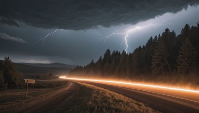 outdoors,sky,cloud,tree,no humans,night,cloudy sky,grass,nature,scenery,forest,mountain,sign,electricity,road,lightning,landscape,path