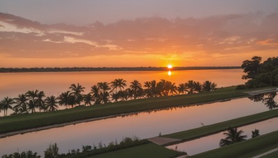 outdoors,sky,cloud,water,tree,no humans,ocean,beach,cloudy sky,grass,plant,nature,scenery,reflection,sunset,palm tree,sun,horizon,river,evening,lake,shore,orange sky,forest,road,twilight,reflective water,yellow sky