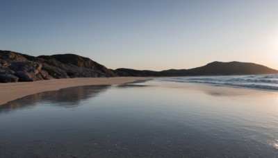 outdoors,sky,day,water,blue sky,no humans,ocean,beach,scenery,reflection,sunset,mountain,sand,horizon,landscape,mountainous horizon,gradient sky,shore,desert,bird,sun,lake,sunrise