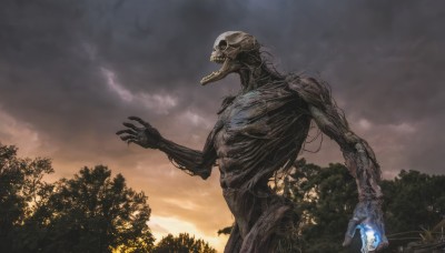 solo,open mouth,1boy,outdoors,sky,teeth,cloud,tree,no humans,glowing,cloudy sky,sharp teeth,nature,claws,forest,science fiction,monster,giant,alien,kaijuu,standing,from side,scenery,1other,skull