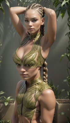 1girl,solo,long hair,breasts,looking at viewer,blonde hair,brown hair,cleavage,brown eyes,medium breasts,upper body,braid,midriff,armpits,mole,arms up,lips,single braid,plant,arms behind head,freckles,realistic,nose,navel,dark skin,twin braids,dark-skinned female,crop top,leaf,nature,armpit hair,dreadlocks