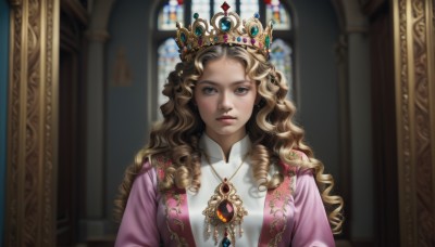 1girl,solo,long hair,looking at viewer,blue eyes,blonde hair,brown hair,shirt,dress,jewelry,closed mouth,white shirt,upper body,earrings,indoors,necklace,blurry,lips,depth of field,blurry background,wavy hair,expressionless,drill hair,tiara,crown,brooch,gem,pink dress,pendant,curly hair,realistic,nose,pink jacket,ringlets,blue gemstone,stained glass,red gemstone,princess,church,green gemstone,parted lips