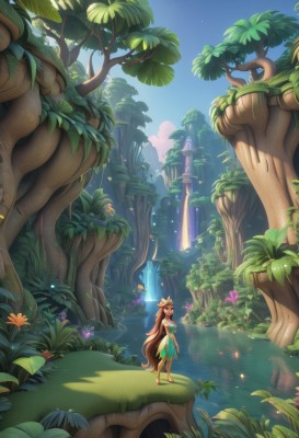 1girl,solo,long hair,brown hair,hair ornament,dress,bare shoulders,very long hair,standing,flower,outdoors,sky,barefoot,day,pointy ears,hair flower,water,tree,leaf,sandals,grass,plant,nature,scenery,forest,green dress,fantasy,mushroom,waterfall,breasts,blue eyes,cleavage,brown eyes,medium breasts,vines