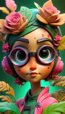 1girl,solo,looking at viewer,short hair,simple background,shirt,hair ornament,closed mouth,green eyes,jacket,upper body,flower,glasses,artist name,hair flower,dark skin,blurry,lips,gradient,petals,gradient background,makeup,rose,headphones,leaf,plant,lipstick,goggles,portrait,pink flower,freckles,green background,goggles on head,pink rose,facial mark,headset,forehead mark,green shirt,dirty