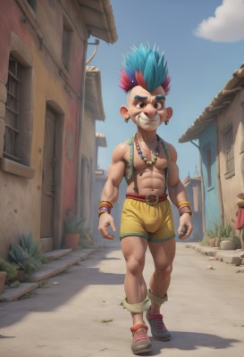 solo,smile,1boy,navel,animal ears,jewelry,blue hair,full body,male focus,multicolored hair,earrings,outdoors,sky,shoes,shorts,teeth,day,belt,cloud,necklace,grin,black eyes,bracelet,two-tone hair,blue sky,muscular,piercing,abs,suspenders,pectorals,plant,muscular male,building,wristband,sneakers,ear piercing,furry,walking,bulge,topless male,furry male,yellow shorts,mohawk,nose piercing,looking at viewer,blue eyes,red hair,artist name,thick eyebrows,spiked hair,facepaint