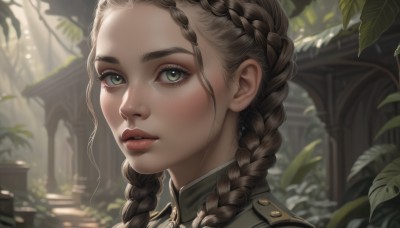 1girl,solo,long hair,looking at viewer,brown hair,green eyes,braid,outdoors,parted lips,teeth,day,artist name,blurry,uniform,twin braids,tree,lips,eyelashes,blurry background,leaf,sunlight,plant,portrait,close-up,freckles,realistic,nose,blush,jacket,military,military uniform,depth of field,thick eyebrows,forehead,epaulettes,light rays,architecture,dappled sunlight,garden