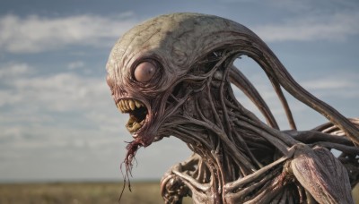 solo,open mouth,outdoors,sky,teeth,day,tongue,cloud,tongue out,blurry,from side,blue sky,no humans,saliva,blurry background,fangs,cloudy sky,sharp teeth,1other,science fiction,monster,realistic,extra eyes,alien,eldritch abomination,upper body,tentacles,creature,horror (theme)