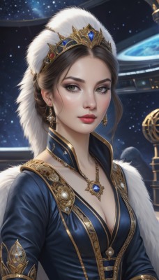 1girl,solo,long hair,breasts,looking at viewer,brown hair,long sleeves,dress,cleavage,brown eyes,jewelry,medium breasts,closed mouth,collarbone,upper body,earrings,sky,signature,necklace,lips,fur trim,eyelashes,makeup,night,blue dress,tiara,crown,lipstick,gem,star (sky),pendant,starry sky,freckles,gold trim,realistic,nose,red lips,space,planet,blue gemstone,artist name,earth (planet)