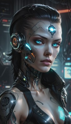 1girl,solo,long hair,breasts,looking at viewer,blue eyes,black hair,cleavage,medium breasts,collarbone,upper body,small breasts,parted lips,blurry,lips,eyelashes,tattoo,makeup,blurry background,glowing,headgear,lipstick,glowing eyes,eyeshadow,science fiction,nose,android,eyeliner,cable,mechanical arms,forehead jewel,cyborg,single mechanical arm,robot joints,cyberpunk,mechanical parts,hologram,short hair,jacket,open clothes,artist name,signature,aqua eyes,forehead,backlighting,realistic,hair pulled back,mascara