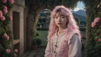 1girl,solo,long hair,looking at viewer,brown hair,shirt,long sleeves,brown eyes,jewelry,white shirt,upper body,pink hair,flower,multicolored hair,outdoors,frills,parted lips,sky,day,cloud,necklace,black eyes,vest,two-tone hair,tree,lips,rose,wavy hair,plant,scenery,pink flower,stairs,mountain,realistic,pink rose,dress,cross,arch