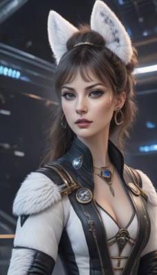 1girl,solo,long hair,breasts,looking at viewer,brown hair,animal ears,cleavage,brown eyes,jewelry,medium breasts,upper body,ponytail,earrings,parted lips,necklace,sweatdrop,blurry,lips,fur trim,makeup,blurry background,pendant,hoop earrings,realistic,bangs,jacket,teeth,animal ear fluff,fake animal ears,wolf ears,nose,red lips,fur