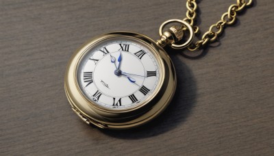 no humans,shadow,chain,watch,clock,pocket watch,still life,roman numeral,analog clock