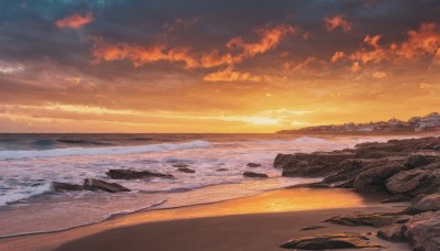 outdoors,sky,cloud,water,no humans,ocean,beach,sunlight,cloudy sky,scenery,sunset,rock,sand,sun,horizon,waves,evening,shore,orange sky