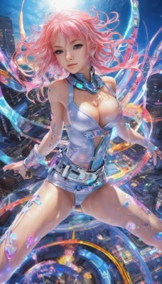 1girl,solo,long hair,breasts,looking at viewer,smile,blue eyes,large breasts,cleavage,bare shoulders,jewelry,pink hair,sky,belt,leotard,lips,clothing cutout,tattoo,floating hair,moon,cleavage cutout,building,flying,science fiction,city,realistic,cityscape,underwear,panties,thighs,sleeveless,shiny,see-through,shiny skin,wrist cuffs,watermark,zipper,falling,skyscraper