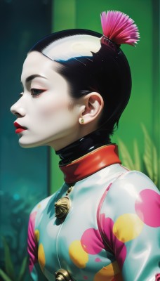 1girl,solo,short hair,black hair,jewelry,upper body,multicolored hair,earrings,parted lips,blurry,black eyes,from side,two-tone hair,lips,bell,profile,makeup,blurry background,turtleneck,lipstick,pale skin,nature,eyeshadow,nose,red lips,topknot,closed mouth,japanese clothes,kimono,eyelashes,floral print