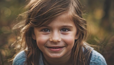 1girl,solo,long hair,looking at viewer,smile,brown hair,brown eyes,parted lips,teeth,signature,blurry,lips,depth of field,blurry background,portrait,realistic,nose,bokeh,open mouth,bangs,1boy,male focus,facial hair