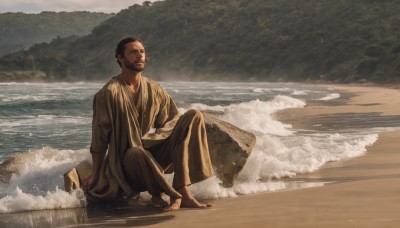 solo,short hair,black hair,1boy,sitting,male focus,outdoors,japanese clothes,barefoot,dark skin,kimono,water,facial hair,ocean,beach,dark-skinned male,nature,scenery,beard,robe,rock,mustache,sand,waves,shore,closed mouth,day,tree,realistic,very short hair