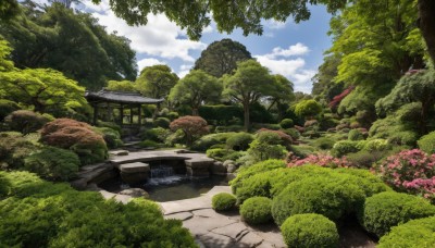 flower,outdoors,sky,day,cloud,water,tree,blue sky,no humans,cloudy sky,grass,ground vehicle,building,nature,scenery,motor vehicle,forest,rock,road,bush,architecture,house,east asian architecture,path,river,landscape