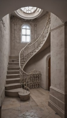 monochrome,day,indoors,no humans,window,sunlight,plant,scenery,stairs,door,wall,pillar,arch,column,wooden floor,tile floor,hallway,carpet,gate,chandelier