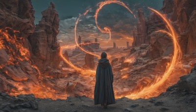 1girl,solo,short hair,black hair,1boy,standing,male focus,boots,outdoors,sky,cloud,hood,from behind,cape,hood down,cloudy sky,fire,building,scenery,cloak,1other,sunset,rock,fantasy,facing away,ruins,wide shot,hooded cloak,rubble,molten rock