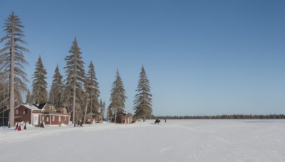 1girl,outdoors,sky,day,scarf,tree,blue sky,no humans,ground vehicle,building,nature,scenery,motor vehicle,snow,forest,fence,winter clothes,car,road,house,winter,lamppost,bare tree,pine tree,window