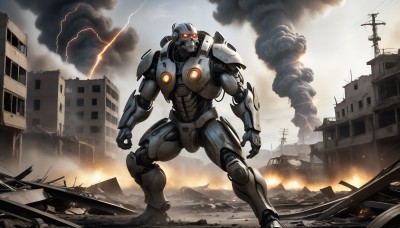 HQ,solo,red eyes,1boy,standing,outdoors,sky,cloud,armor,military,no humans,glowing,fire,robot,building,mecha,glowing eyes,smoke,science fiction,city,realistic,military vehicle,electricity,explosion,ruins,power lines,damaged,lightning,power armor,destruction,radio antenna,kaijuu,battle,super robot