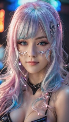 1girl,solo,long hair,breasts,looking at viewer,smile,bangs,blue eyes,hair ornament,cleavage,bare shoulders,jewelry,medium breasts,closed mouth,blue hair,upper body,pink hair,multicolored hair,earrings,choker,mole,blurry,two-tone hair,lips,eyelashes,makeup,depth of field,blurry background,portrait,eyeshadow,realistic,nose,mascara,large breasts,white hair,artist name,eyeliner