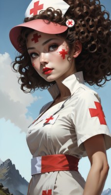 1girl,solo,breasts,looking at viewer,brown hair,hat,dress,brown eyes,upper body,short sleeves,outdoors,parted lips,sky,day,cloud,signature,dark skin,medium hair,star (symbol),dark-skinned female,blue sky,lips,sash,makeup,facial mark,cross,lipstick,freckles,curly hair,mountain,nose,nurse cap,red lips,nurse,facepaint,afro,red cross,jewelry,medium breasts,earrings,realistic