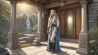 1girl,solo,long hair,blue eyes,blonde hair,jewelry,standing,boots,pointy ears,belt,pants,water,cape,brown footwear,sunlight,knee boots,plant,robe,light rays,stairs,sun,light,bracer,sunbeam,pillar,waterfall,arch,column,dress,artist name,necklace,tree,grass,elf,scenery,circlet,rock