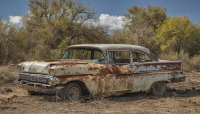 outdoors,sky,day,artist name,cloud,signature,tree,blue sky,no humans,grass,ground vehicle,nature,scenery,motor vehicle,forest,car,vehicle focus,wheel,truck,tire,realistic