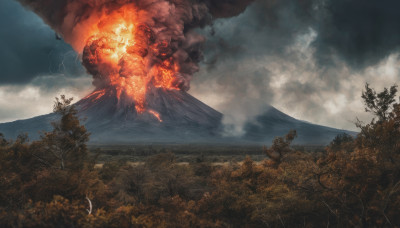 outdoors, sky, cloud, tree, no humans, cloudy sky, fire, nature, scenery, forest, smoke, mountain, lightning, landscape