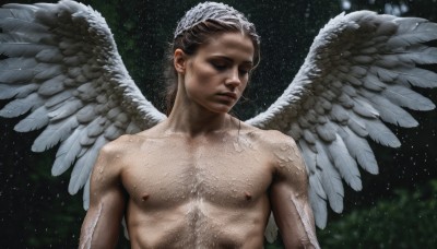 solo,brown hair,black hair,1boy,closed mouth,nipples,closed eyes,upper body,male focus,nude,wings,blurry,muscular,blurry background,halo,pectorals,star (sky),feathered wings,angel wings,realistic,white wings,angel,short hair,feathers,muscular male,bara,chest hair