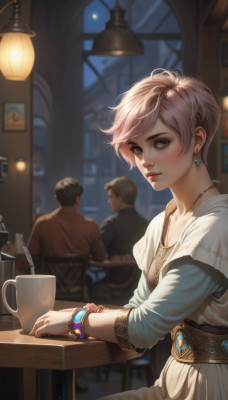 1girl,looking at viewer,blush,short hair,bangs,blonde hair,brown hair,shirt,long sleeves,dress,brown eyes,jewelry,sitting,closed mouth,collarbone,pink hair,short sleeves,earrings,parted lips,multiple boys,solo focus,belt,indoors,2boys,necklace,white dress,blurry,bracelet,cup,lips,looking to the side,grey eyes,eyelashes,window,makeup,night,depth of field,blurry background,swept bangs,chair,table,gem,pendant,lantern,mug,nose,red lips,bangle,lamp,very short hair,coffee mug,mascara,wooden table,breasts,1boy,artist name,from side,watermark,watch,realistic,wristwatch,quill