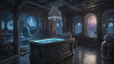 sky,indoors,water,no humans,window,night,moon,scenery,crystal,lantern,stairs,fantasy,clock,tiles,candle,tile floor,pillar,gears,statue,arch,barrel,treasure chest,weapon,sword,cloud,fire,wooden floor,blue fire