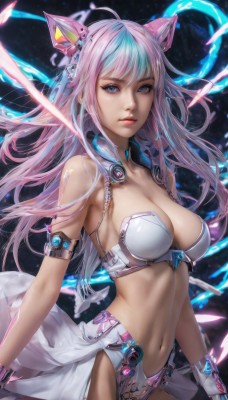 1girl,solo,long hair,breasts,looking at viewer,bangs,blue eyes,large breasts,hair ornament,gloves,navel,animal ears,cleavage,bare shoulders,medium breasts,blue hair,swimsuit,pink hair,ahoge,bikini,multicolored hair,cowboy shot,midriff,stomach,two-tone hair,lips,floating hair,headgear,armlet,realistic,bikini armor,showgirl skirt,closed mouth,armor