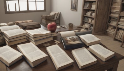 food,day,indoors,book,no humans,window,fruit,chair,table,sunlight,scenery,desk,wooden floor,paper,open book,apple,bookshelf,photo (object),shelf,book stack,painting (object),still life,pillow