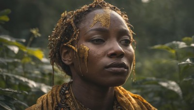 1girl,solo,short hair,1boy,male focus,outdoors,parted lips,teeth,day,dark skin,blurry,black eyes,dark-skinned female,lips,depth of field,blurry background,leaf,plant,portrait,realistic,gold,very dark skin,dreadlocks,looking at viewer,brown hair,black hair,facepaint