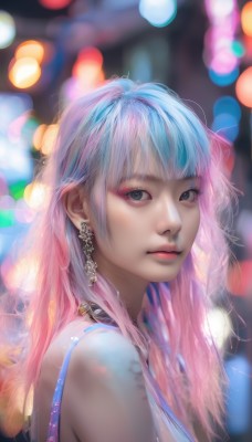 1girl,solo,long hair,looking at viewer,bangs,bare shoulders,jewelry,closed mouth,blue hair,upper body,pink hair,multicolored hair,earrings,artist name,blurry,black eyes,from side,two-tone hair,lips,grey eyes,eyelashes,makeup,depth of field,blurry background,eyeshadow,realistic,nose,bokeh,blue eyes,choker,necklace,gradient hair,portrait