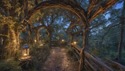 outdoors,sky,day,tree,dutch angle,no humans,night,sunlight,grass,plant,nature,scenery,forest,lantern,stairs,road,lamp,bush,bridge,lamppost,path,night sky,fantasy,light,dark